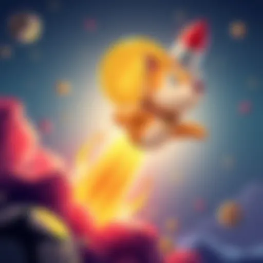 A cartoon-style dogecoin coin flying upwards with a rocket in the background, representing growth in the crypto market.