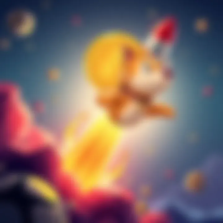 A cartoon-style dogecoin coin flying upwards with a rocket in the background, representing growth in the crypto market.