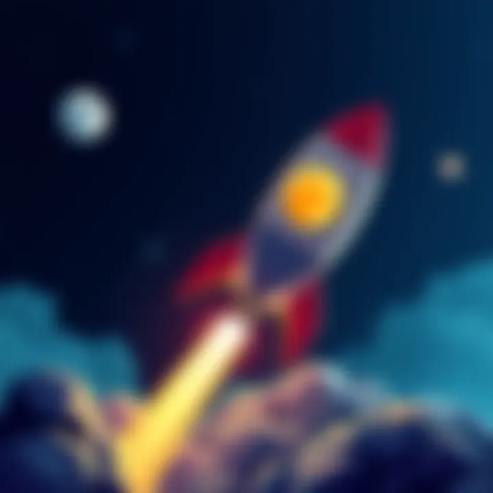 A cartoon rocket with the Dogecoin logo ready to launch into space, symbolizing its potential rise in the market.