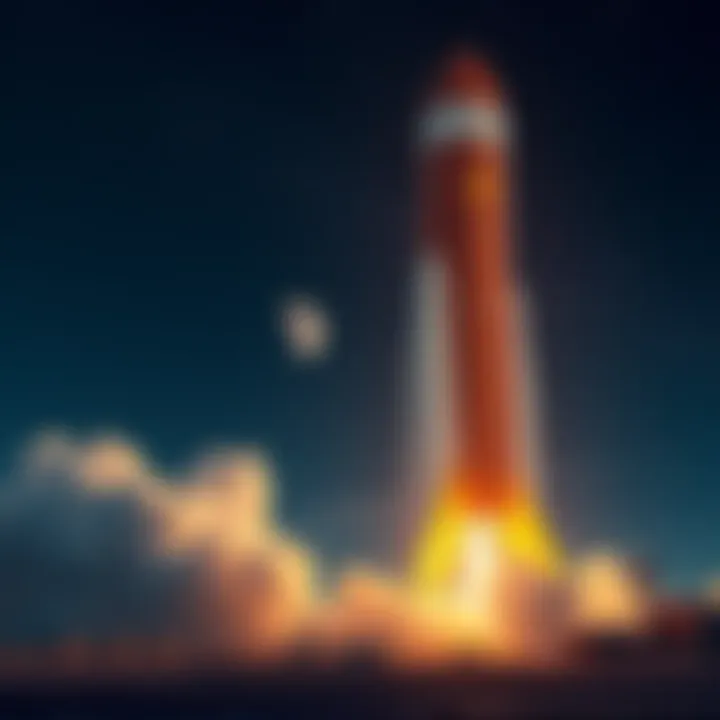 A rocket with the Dogecoin symbol prepares to launch towards the moon, set against a starry sky.