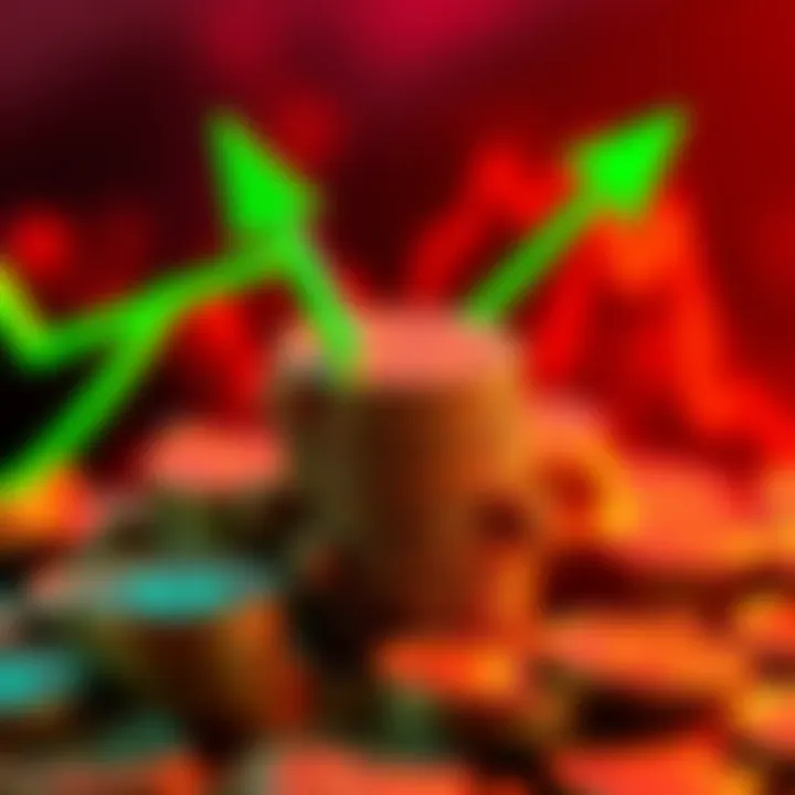 A pile of Dogecoin tokens with a green upward arrow symbolizing investment growth and patience in the crypto market.