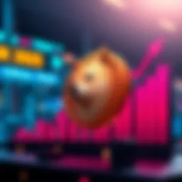 Dogecoin symbol with a rising trend chart showing its popularity in 2025, representing its growth among everyday people.