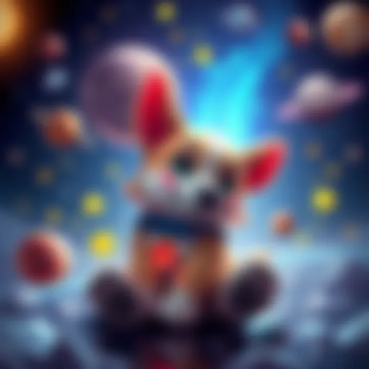 A playful dog character representing Dogelon, surrounded by stars and planets, showcasing community spirit in space exploration.