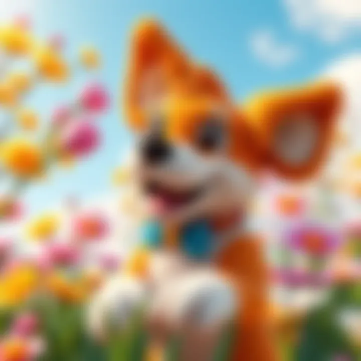 A cheerful dog character representing Dogelon, surrounded by colorful spring flowers and a bright sky, symbolizing new beginnings for the $ELON community.
