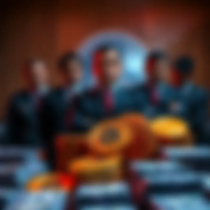 Department of Justice officials overseeing the seizure of Bitcoin linked to a scam in Cambodia, with digital currency symbols and stacks of cash visible