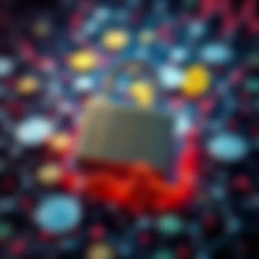 A visual representation of the Department of Justice freezing cryptocurrency assets linked to scams, showing a locked digital wallet surrounded by financial symbols.