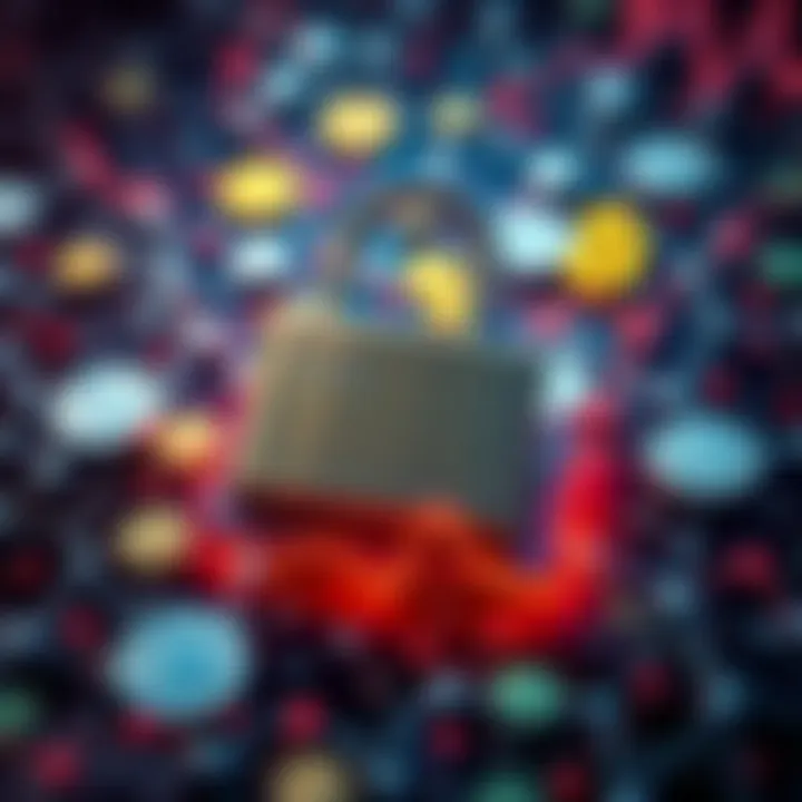 A visual representation of the Department of Justice freezing cryptocurrency assets linked to scams, showing a locked digital wallet surrounded by financial symbols.