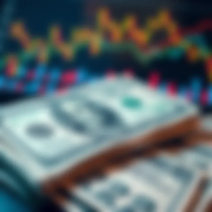 A close-up of dollar bills with financial graphs and charts in the background showing currency trends