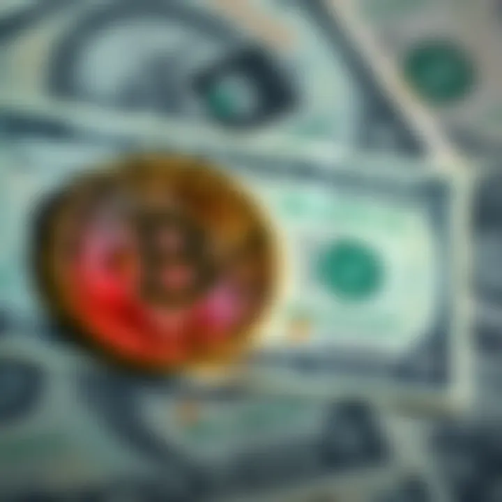 A graphic showing a dollar bill next to a Bitcoin symbol, illustrating the concept of $1 equal to 1 Satoshi in the future.
