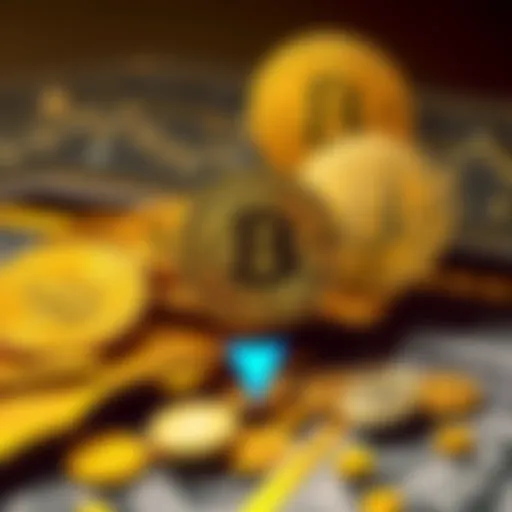 A visual representation of gold bars, Bitcoin coins, and stablecoins, with a downward arrow symbolizing the weakening dollar.