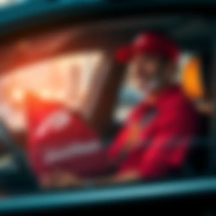 A DoorDash driver in a red shirt with a delivery bag, sitting in a car, preparing for deliveries.
