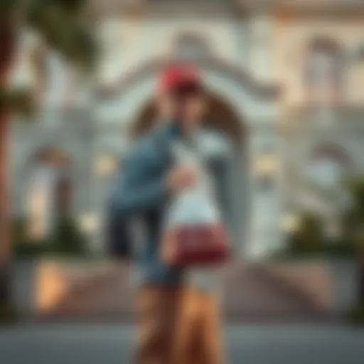 A DoorDash driver stands in front of an upscale mansion while holding a sushi bag, dressed in a casual outfit, ready to make a delivery.