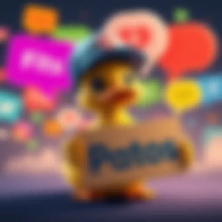 A cartoon duck wearing a baseball cap holding a sign that says 'Patos'. The background features colorful speech bubbles indicating social media engagement.