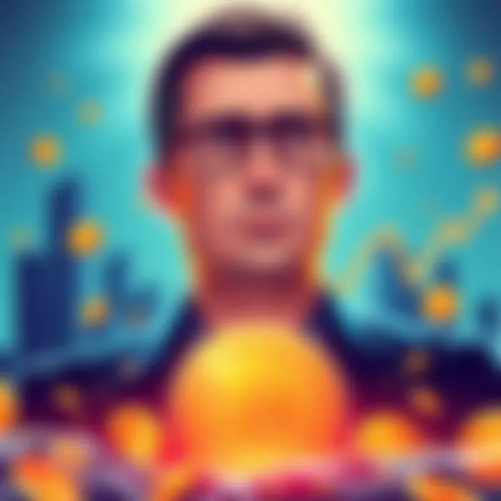 Illustration of Pavel Durov with cryptocurrency symbols and Toncoin logo, showing price rise and fall.
