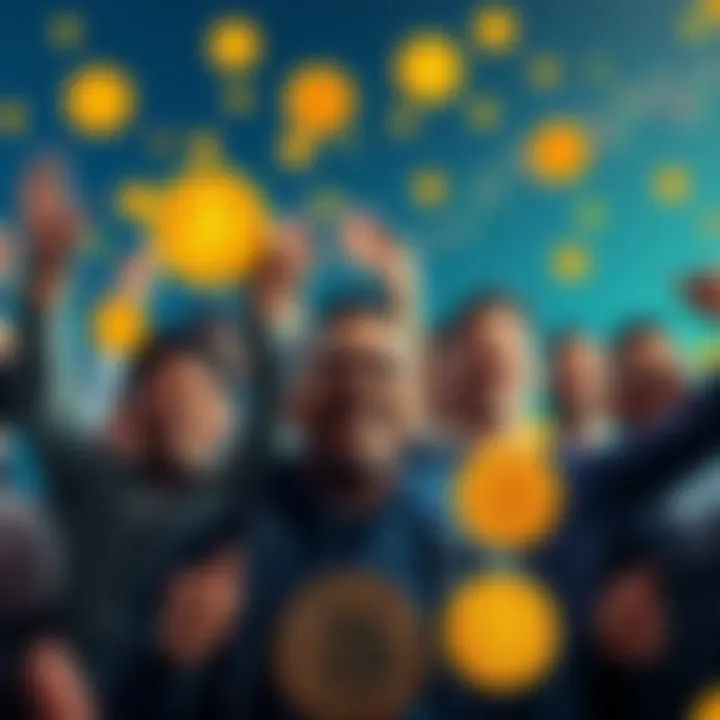 A diverse group of early Bitcoin investors celebrating their financial success with smiles and raised hands, surrounded by Bitcoin symbols and charts showing rising values.