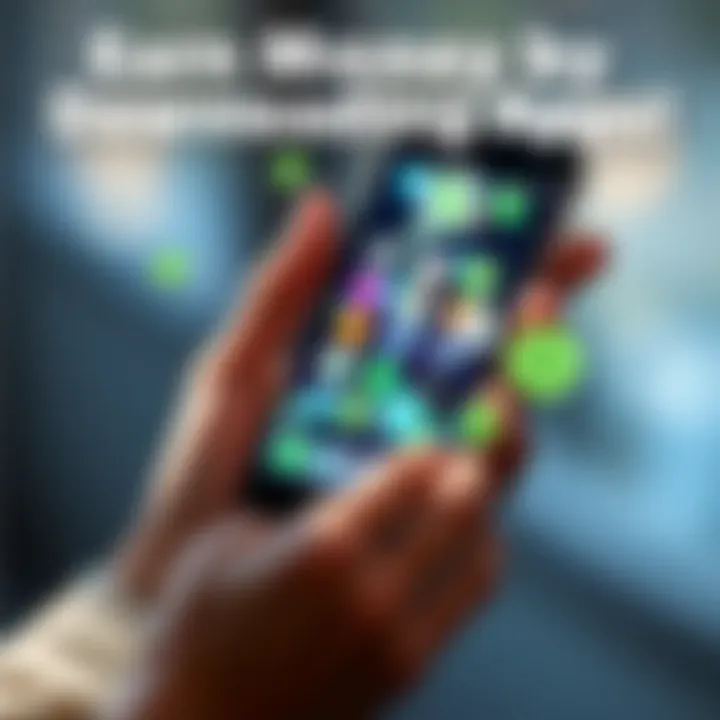 Earn Money by Downloading Apps A person holding a smartphone with app icons on the screen and dollar signs around, symbolizing earning money by downloading applications.