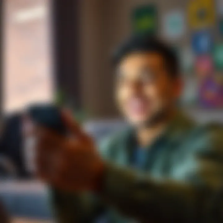 Earn $25 with Apps A person using a smartphone to earn money with apps, showing a happy expression. Cash and app icons visible on the screen.