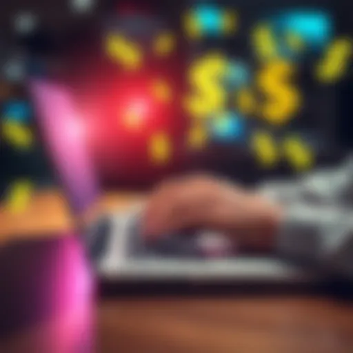A person typing on a laptop with dollar signs around them, symbolizing easy money earned by commenting their state.