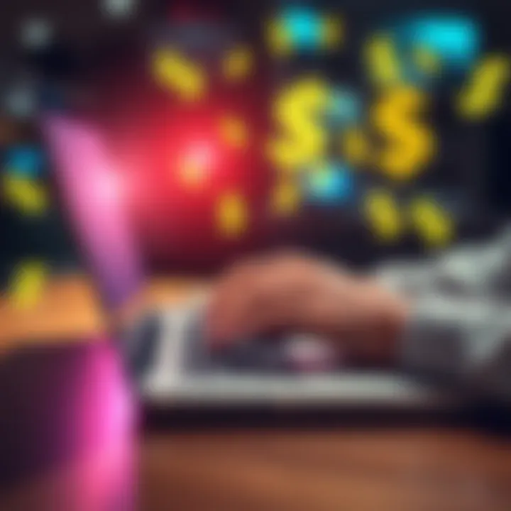 A person typing on a laptop with dollar signs around them, symbolizing easy money earned by commenting their state.