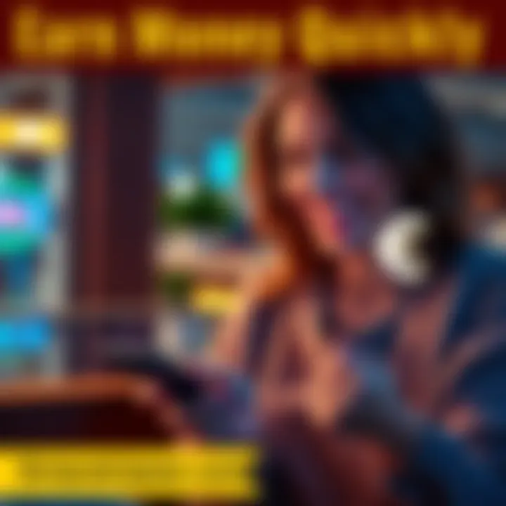A person happily checking their phone while a small money symbol is displayed, representing easy earnings through online sign-up.