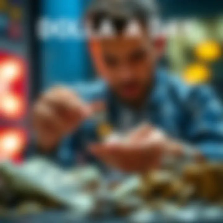 A person counting coins and dollars, focused on reaching a daily financial goal