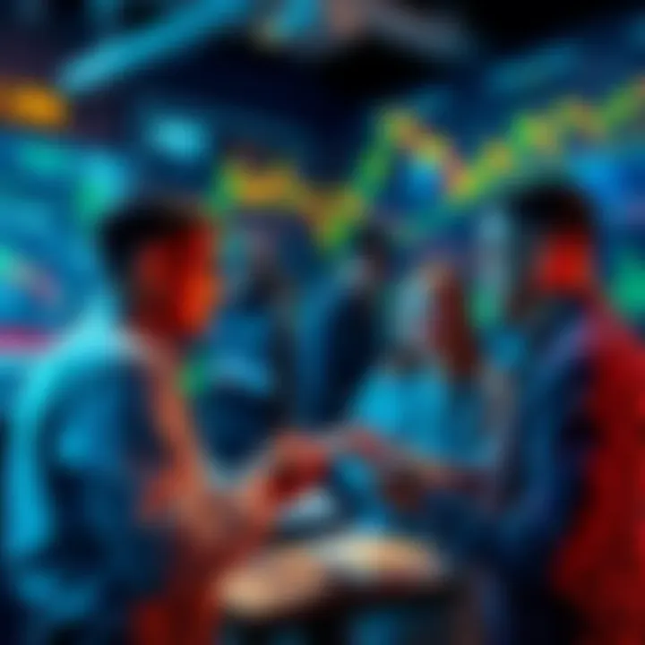 People discussing decentralized finance opportunities with digital charts and money