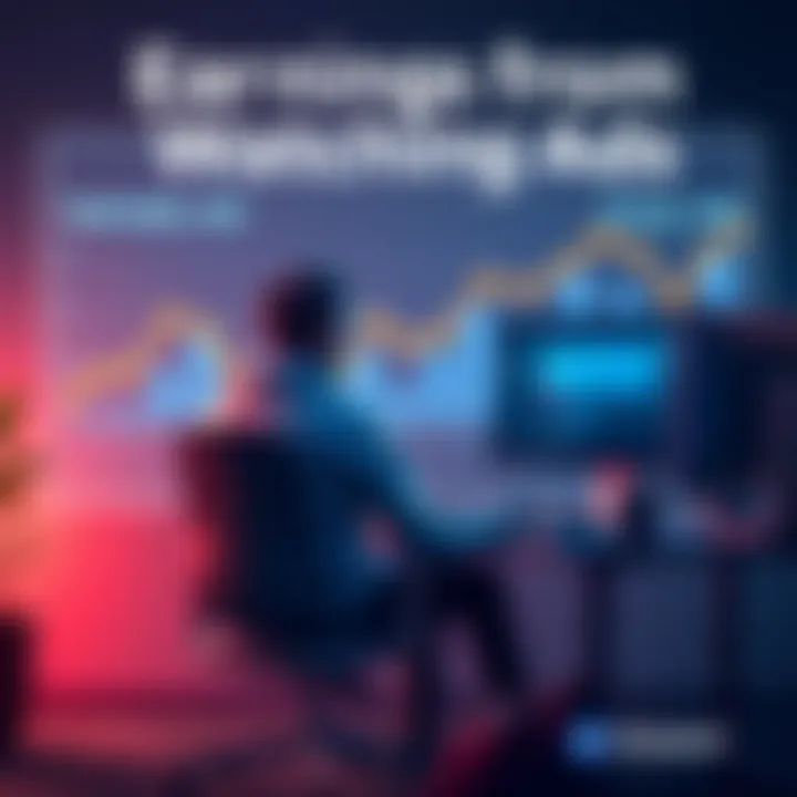 A person sitting at a desk watching ads on a computer, with a chart showing potential earnings of Atlas Bucks in the background.