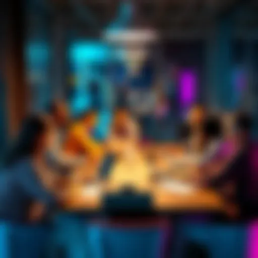 A diverse group of people discussing new features for EC memberships around a table with laptops and notepads.