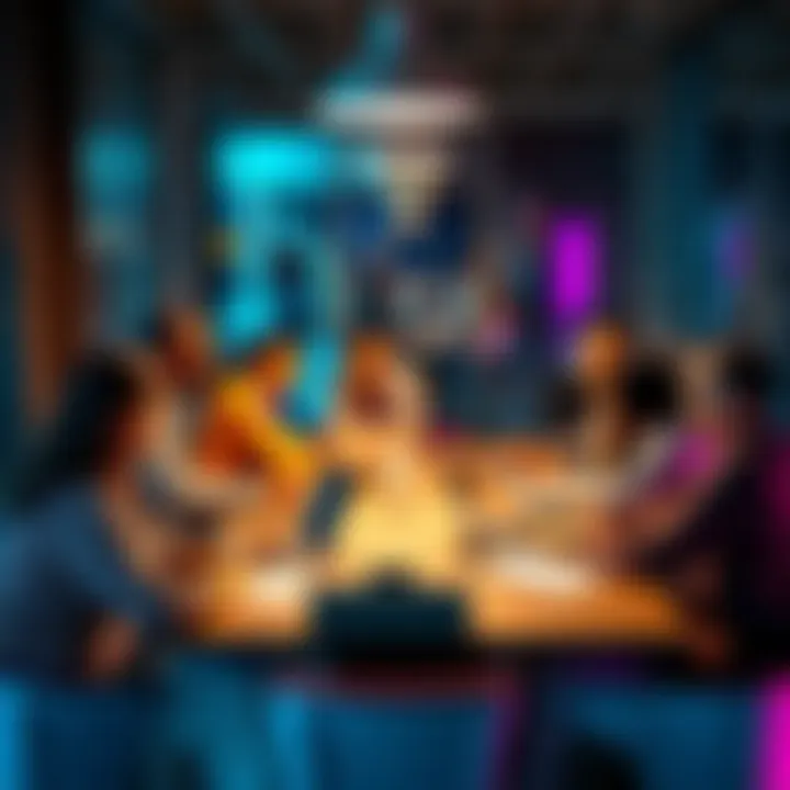 A diverse group of people discussing new features for EC memberships around a table with laptops and notepads.