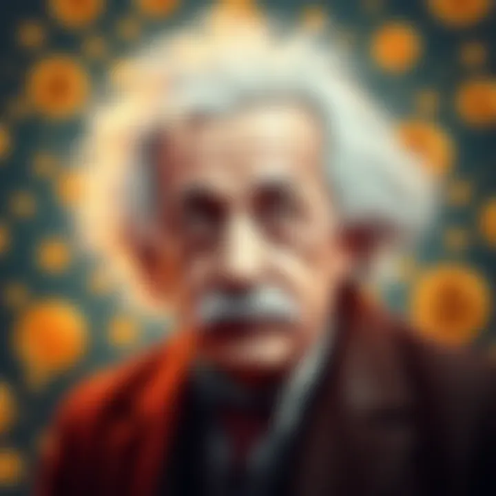 Einstein's portrait with Bitcoin symbols in the background, illustrating the connection between his theory and modern finance.