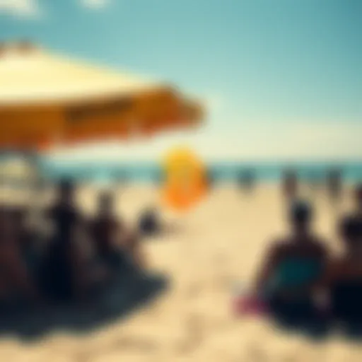A sunny beach in El Zonte, people relaxing in the sand, a Bitcoin logo visible among beachgoers, traditional payment methods are highlighted