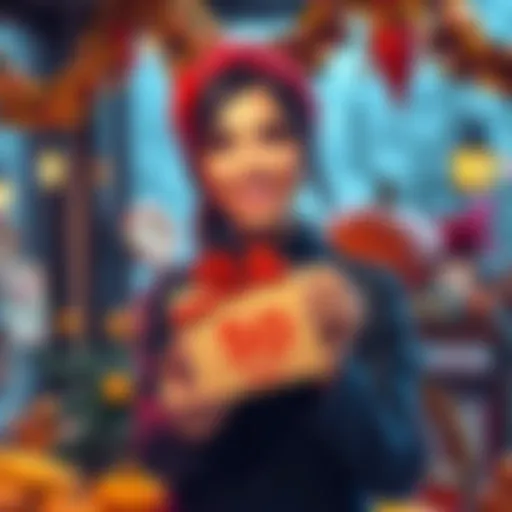 Elena smiling while presenting a gift box labeled 50 USDT, celebrating Thanksgiving with festive decorations in the background.