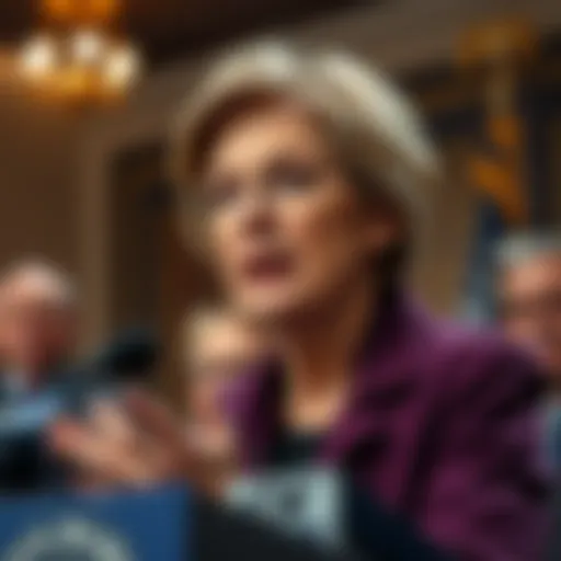 Senator Elizabeth Warren at a press conference expressing worries about MrBeast's cryptocurrency project and its impact on children