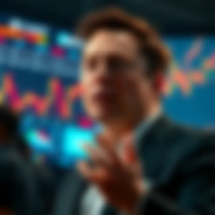 Elon Musk speaking at an event about cryptocurrency as trading terminal appears in the background