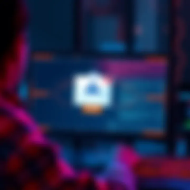 A person looking at a suspicious email on their computer screen with a warning symbol