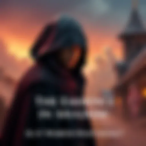 A character in a dark cloak with a mysterious expression, standing against a fantasy backdrop