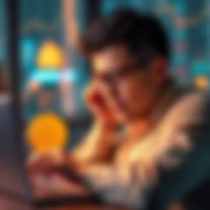 A person looking stressed while checking Bitcoin prices on a laptop, symbolizing the emotional challenges of cryptocurrency investments.