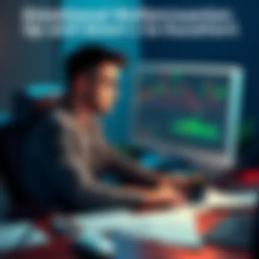 A person sitting at a desk with a worried expression, looking at financial charts on a computer screen, surrounded by papers and a coffee cup