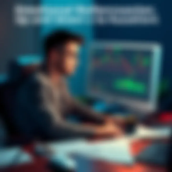 A person sitting at a desk with a worried expression, looking at financial charts on a computer screen, surrounded by papers and a coffee cup