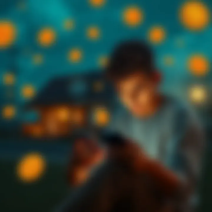 Emotional Bitcoin Seller A person sitting alone, looking at their phone with a sad expression, surrounded by Bitcoin symbols and a sold house in the background.
