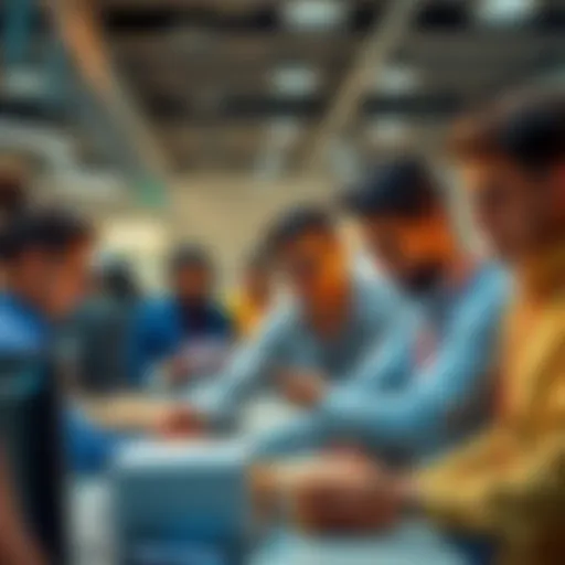 A group of office workers competing to buy parcels at their workplace, creating a buzz around strategic purchases.
