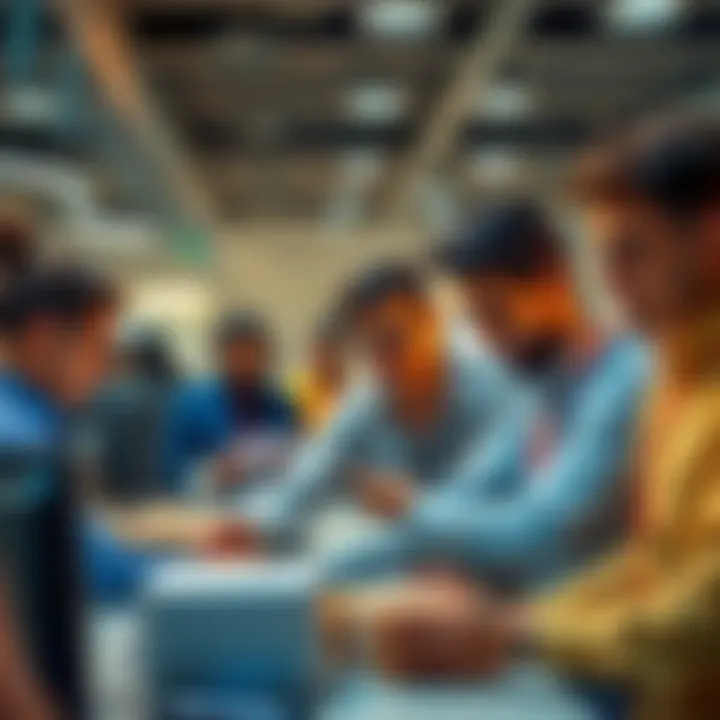 Employees buying parcels at office A group of office workers competing to buy parcels at their workplace, creating a buzz around strategic purchases.
