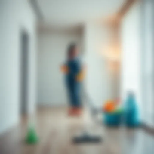 A professional cleaner using a vacuum and cleaning supplies in an empty apartment