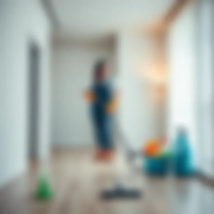 A professional cleaner using a vacuum and cleaning supplies in an empty apartment