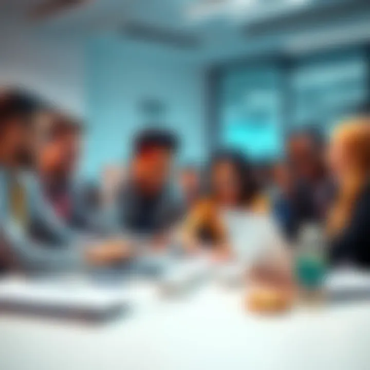 A group of diverse people interacting on a computer, sharing ideas in an online forum setting