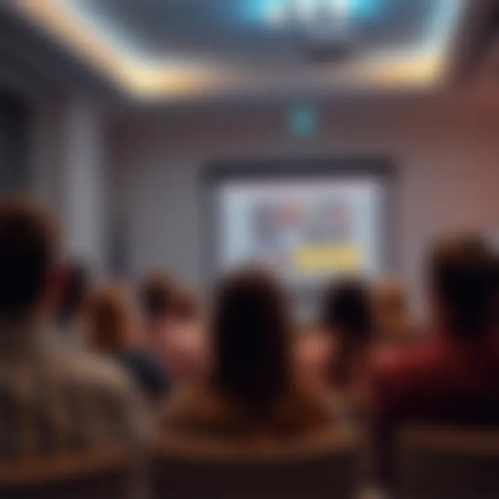 A professional presenting a PowerPoint slide to an attentive audience in a bright conference room.