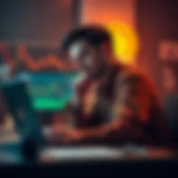 An engineer sitting at a desk, looking at a laptop with cryptocurrency charts and USDC logo on the screen, deep in thought about financial decisions.