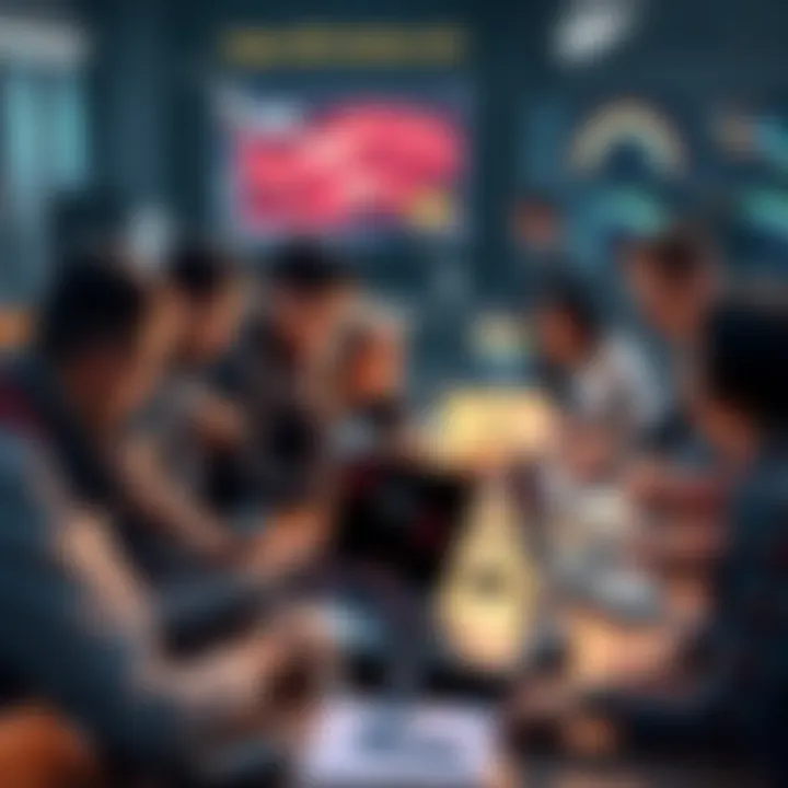 A diverse team of engineers and designers working together at a table filled with laptops and tech tools for a hackathon