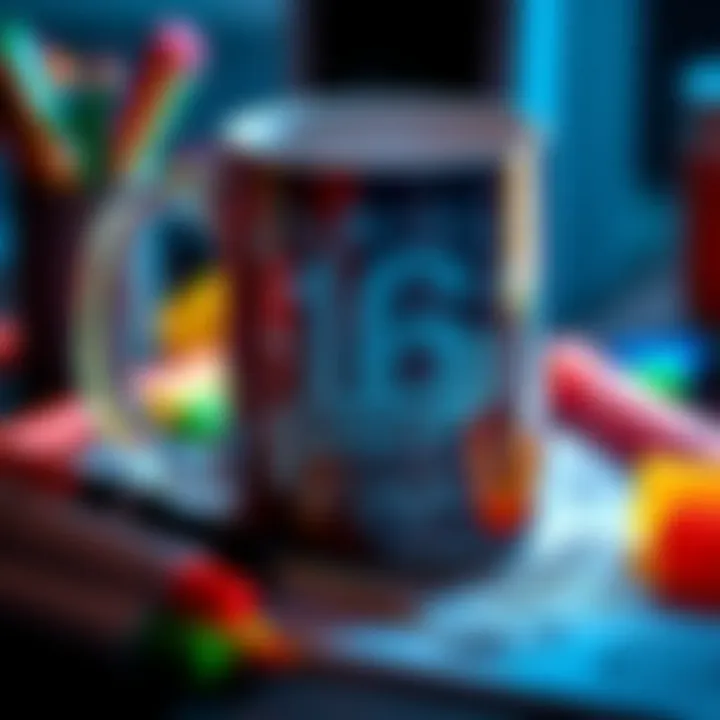 A close-up of a customized mug with intricate engraving, showcasing unique designs and lettering, surrounded by colorful markers and tools.