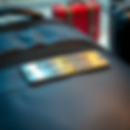A close-up of an engraved metal plate displaying a seed phrase, placed on a travel bag near airport security items